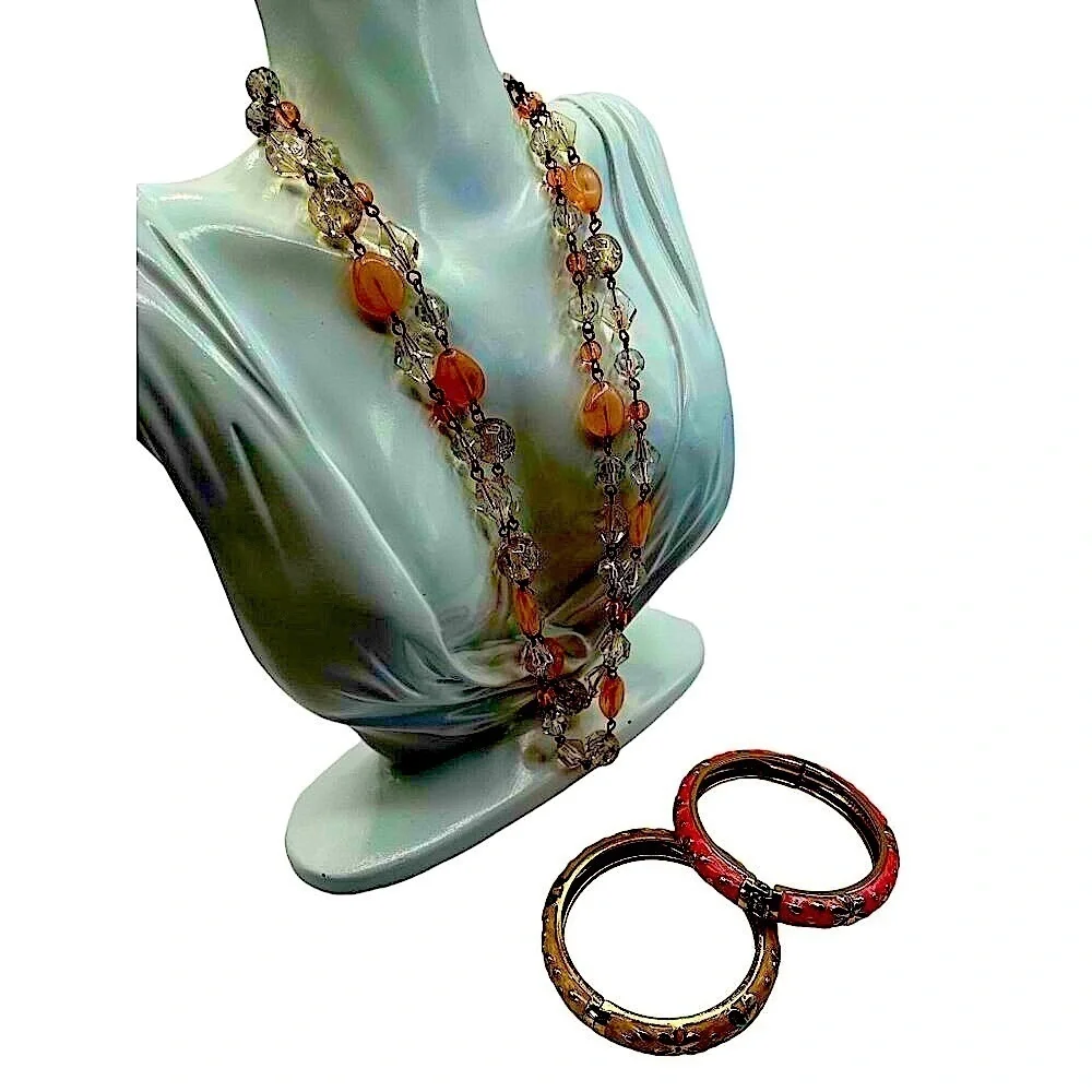 Vintage Beaded Necklace & Floral Enamel Bangle Set Crystal Pink Peach Cream N60 - Picture 1 of 7